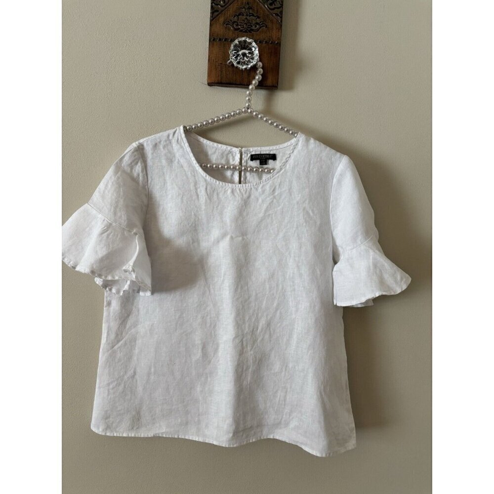 For Cynthia Womens Petite M White 100% Linen Short Sleeve Blouse Ruffle Sleeve